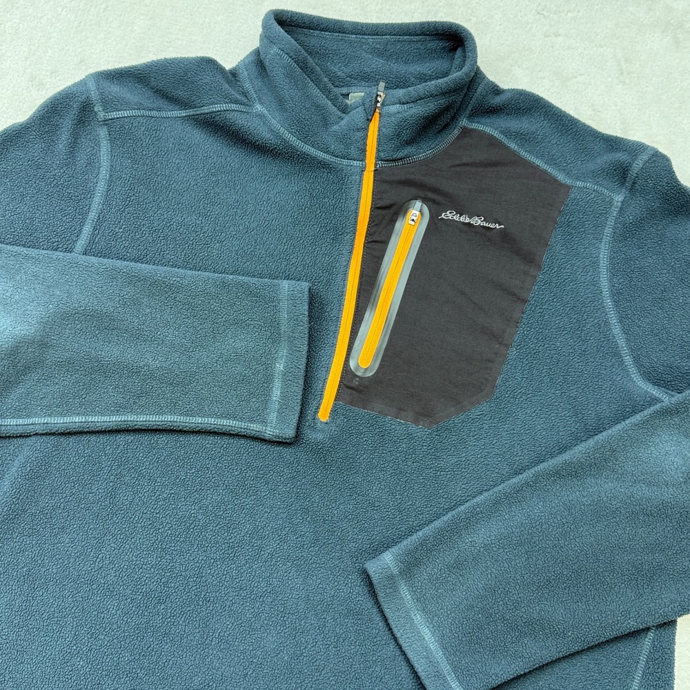 Eddie Bauer Fleece Pullover Mens Large Blue Quarter Zip Chest Pocket Outdoors